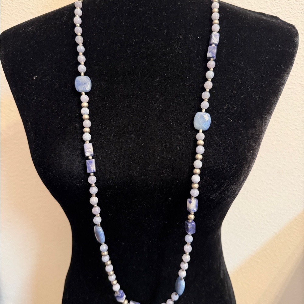 Blue Lace Agate & Quartz Long Beaded Necklace | Artisan Boho